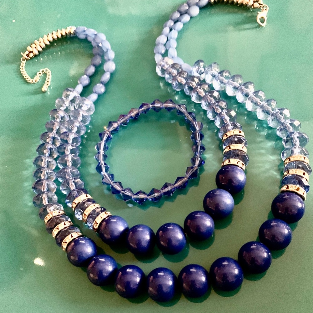 Charming Charlie Blue Bead Bib Necklace Plus Blue Crystal Bracelet